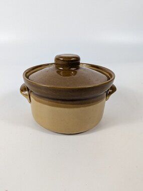Vintage TG Granville Lidded Casserole Soup Dish Two Tone Brown Glazed Stoneware